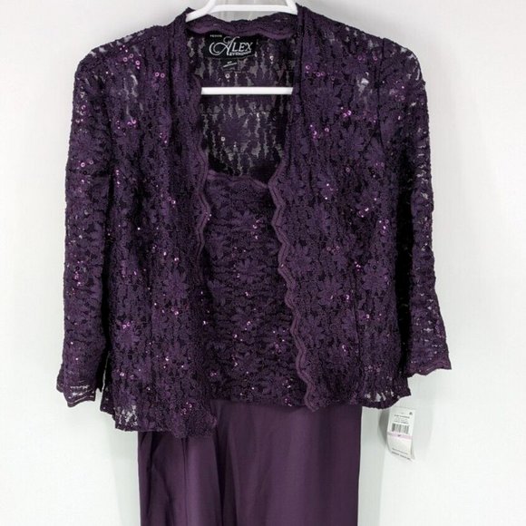 NWT ALEX EVENINGS WOMEN'S 2 PIECE DRESS WITH GLITTER LACE JACKET EGGPLANT 6P - Picture 5 of 12